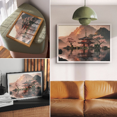 Arte de pared paisaje de edificio oriental con montañas, lago y cerezos en armonía