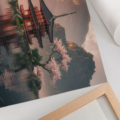 Arte de pared paisaje de edificio oriental con montañas, lago y cerezos en armonía
