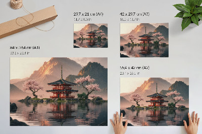 Arte de pared paisaje de edificio oriental con montañas, lago y cerezos en armonía