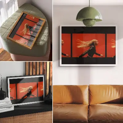 Póster tres tomas de alguien corriendo con fondo rojo de estilo moderno