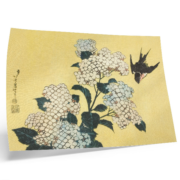 Lámina para cuadro La hortensia y la golondrina (1833) – un grabado en madera a color de Hokusai