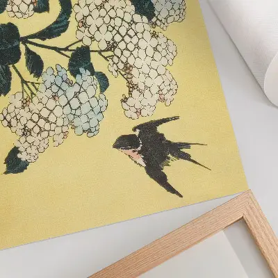 Lámina para cuadro La hortensia y la golondrina de Hokusai grabado en madera a color de 1833