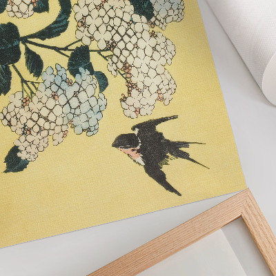 Lámina para cuadro La hortensia y la golondrina (1833) – un grabado en madera a color de Hokusai