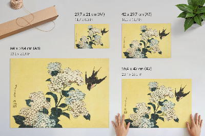 Lámina para cuadro La hortensia y la golondrina (1833) – un grabado en madera a color de Hokusai