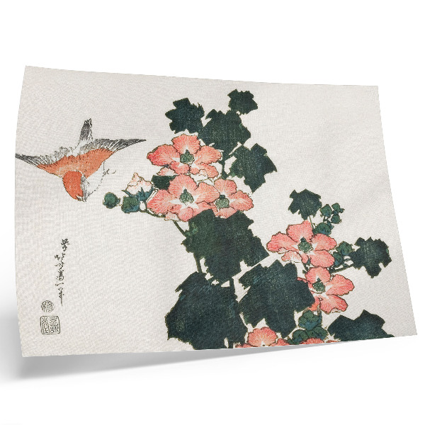 Arte de pared Rosas rojas y un pájaro, de Katsushiki Hokusai (1760–1849), grabado japonés antiguo en madera.