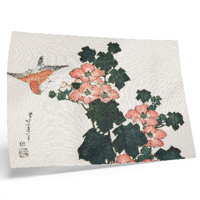 Arte de pared Rosas rojas y un pájaro, de Katsushiki Hokusai (1760–1849), grabado japonés antiguo en madera.
