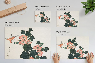 Arte de pared Rosas rojas y un pájaro, de Katsushiki Hokusai (1760–1849), grabado japonés antiguo en madera.