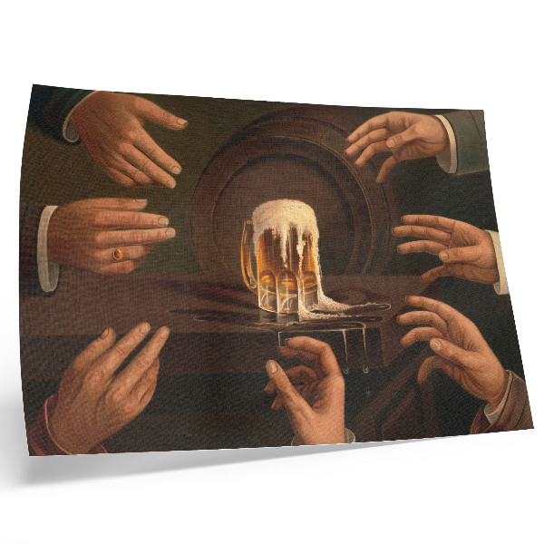 Póster Siete manos masculinas rodeando una jarra de cerveza.