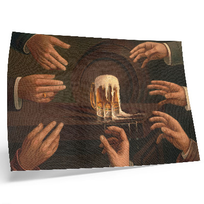 Póster Siete manos masculinas rodeando una jarra de cerveza.