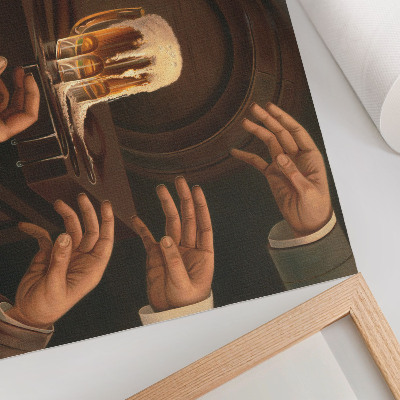 Póster Siete manos masculinas rodeando una jarra de cerveza.