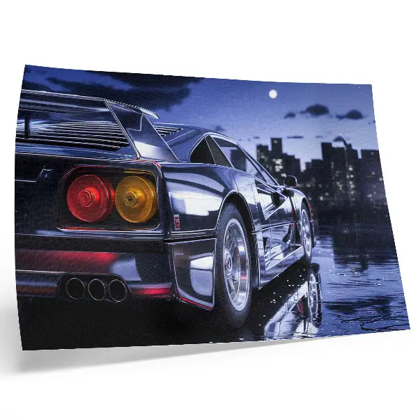 Arte de pared coche deportivo en un paisaje urbano nocturno