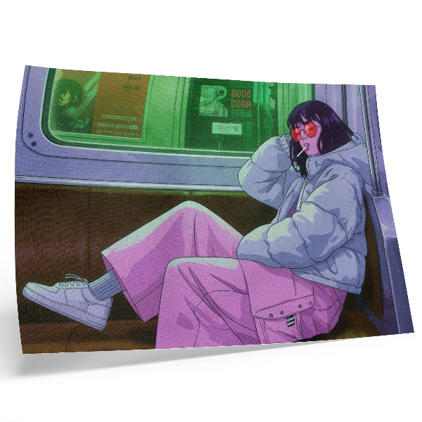 Póster Figura elegante en el tranvía con pantalones rosas.