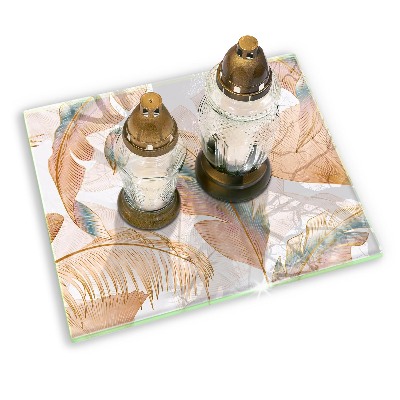 Posavaso de cristal para velas funerarias Plumas y hojas boho