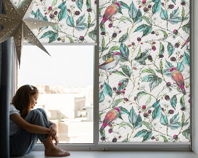 Estor enrollable para ventana con hojas azules y pájaros coloridos
