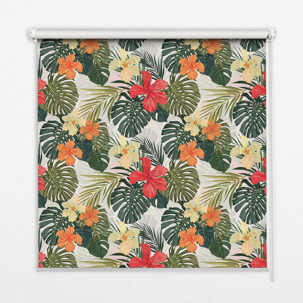 Estor enrollable para ventana con diseño de flores y hojas tropicales