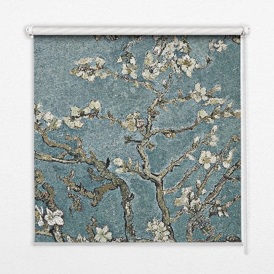 Modern roller blind con estampado de ramitas sobre un fondo azul