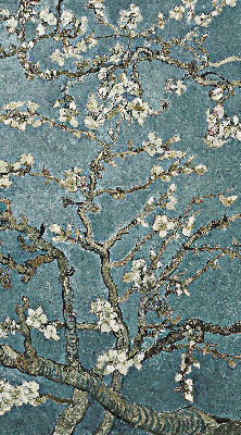 Modern roller blind con estampado de ramitas sobre un fondo azul