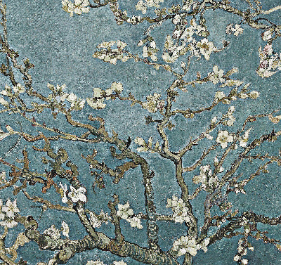Modern roller blind con estampado de ramitas sobre un fondo azul
