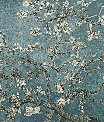 Modern roller blind con estampado de ramitas sobre un fondo azul
