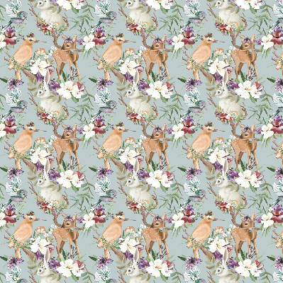 Modern roller blind con diseño de corzos, aves y conejos
