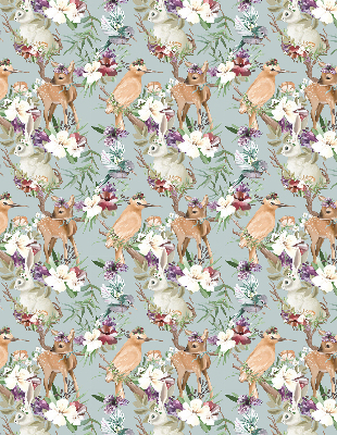 Modern roller blind con diseño de corzos, aves y conejos