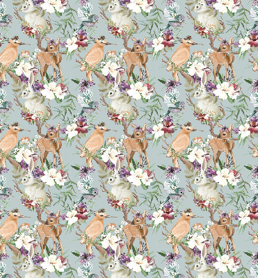 Modern roller blind con diseño de corzos, aves y conejos