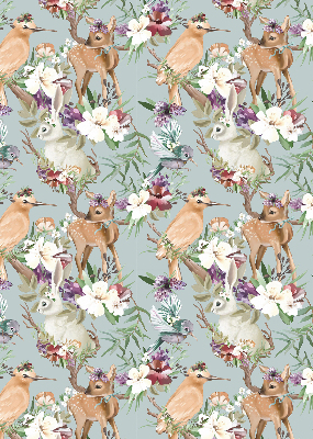 Modern roller blind con diseño de corzos, aves y conejos