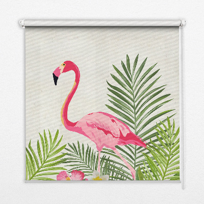 Estor enrollable para ventana con diseño de flamencos junto a las hojas