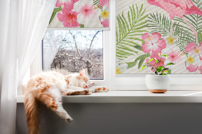 Estor enrollable para ventana con diseño de flamencos junto a las hojas
