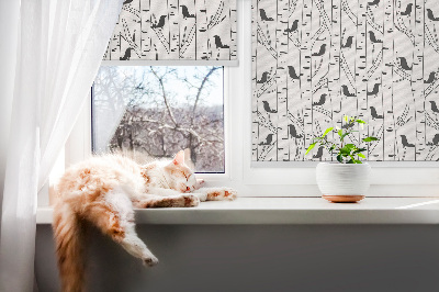 Estor enrollable para ventana con diseño de pájaros y árboles dibujados