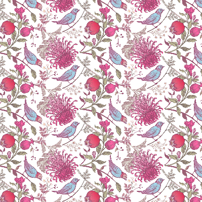 Estor enrollable con diseño de pájaros coloridos entre las flores
