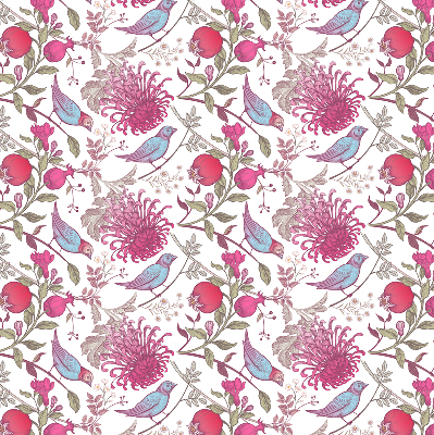 Estor enrollable con diseño de pájaros coloridos entre las flores