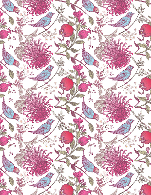 Estor enrollable con diseño de pájaros coloridos entre las flores