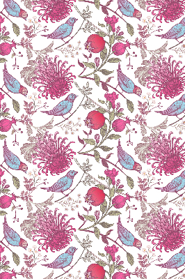 Estor enrollable con diseño de pájaros coloridos entre las flores