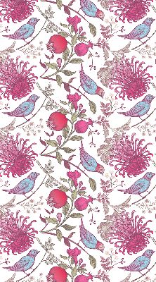 Estor enrollable con diseño de pájaros coloridos entre las flores