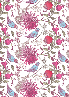 Estor enrollable con diseño de pájaros coloridos entre las flores