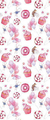 Modern roller blind con diseño de globos rosas, donas y conejitos