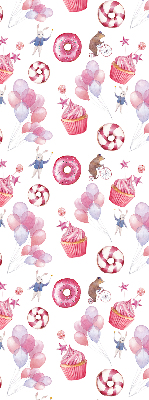 Modern roller blind con diseño de globos rosas, donas y conejitos