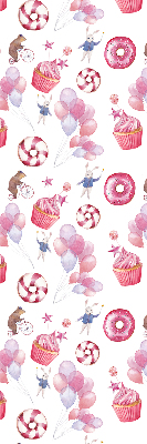 Modern roller blind con diseño de globos rosas, donas y conejitos