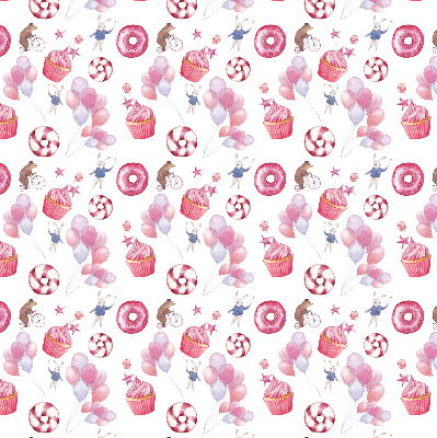 Modern roller blind con diseño de globos rosas, donas y conejitos