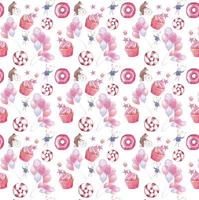Modern roller blind con diseño de globos rosas, donas y conejitos
