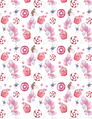 Modern roller blind con diseño de globos rosas, donas y conejitos