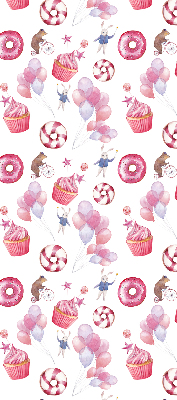 Modern roller blind con diseño de globos rosas, donas y conejitos