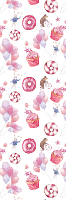 Modern roller blind con diseño de globos rosas, donas y conejitos