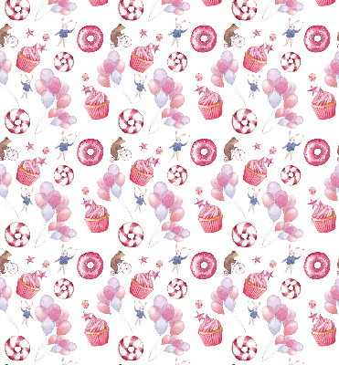 Modern roller blind con diseño de globos rosas, donas y conejitos