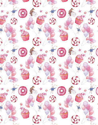Modern roller blind con diseño de globos rosas, donas y conejitos