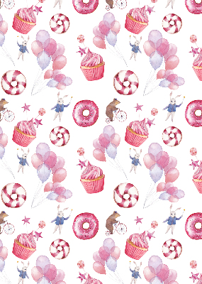 Modern roller blind con diseño de globos rosas, donas y conejitos