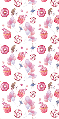 Modern roller blind con diseño de globos rosas, donas y conejitos