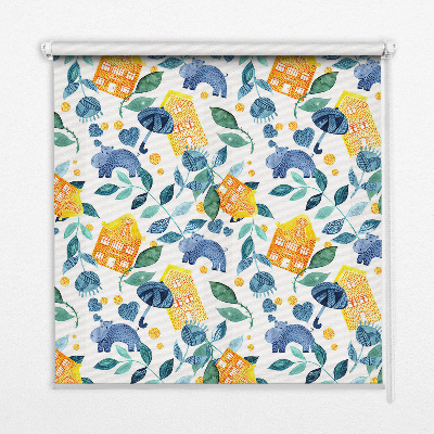 Estor enrollable para ventana con diseño de casas amarillas y plantas azules
