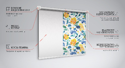 Estor enrollable para ventana con diseño de casas amarillas y plantas azules
